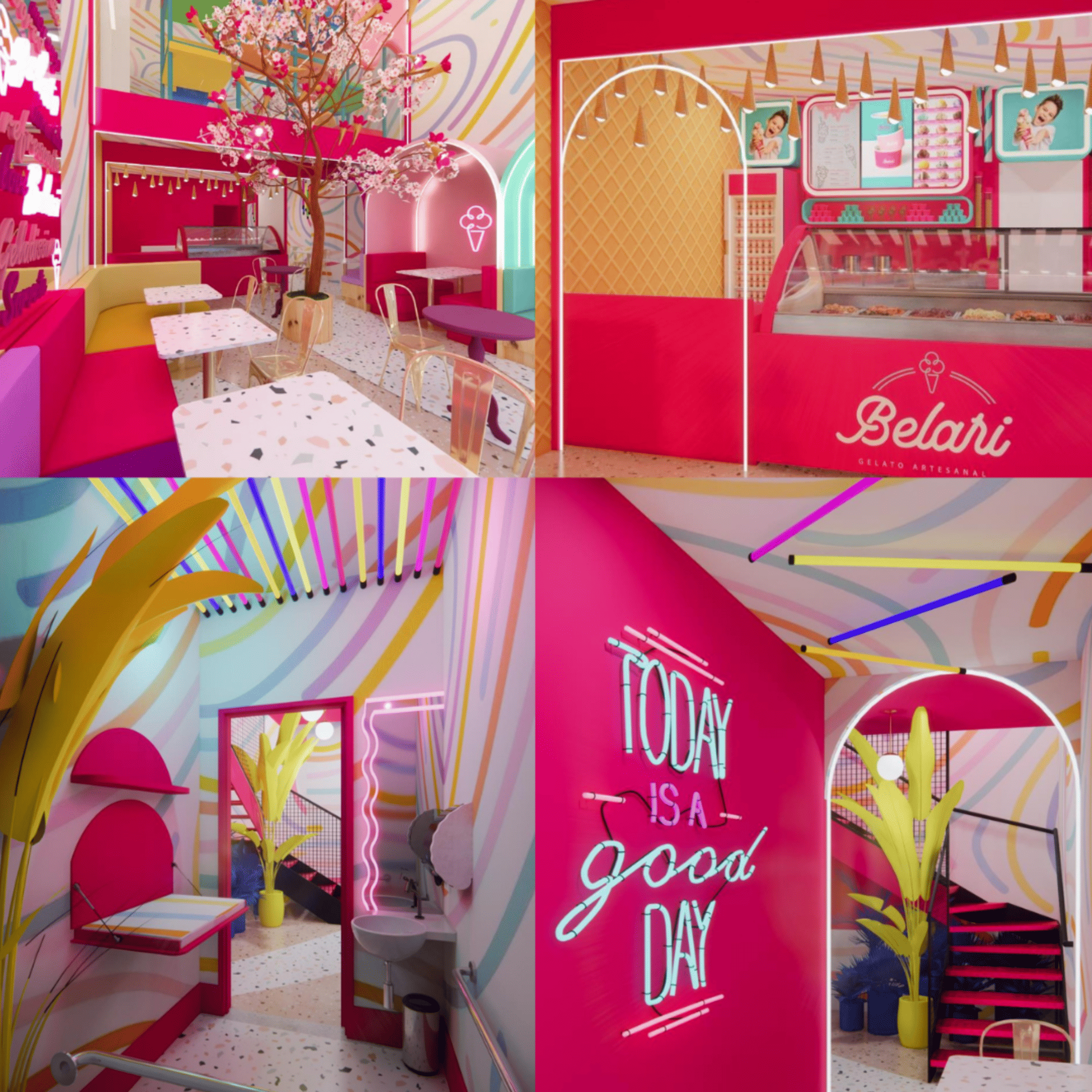 Collage de interiores coloridos das lojas Belari